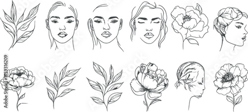 A single-line style illustration combining abstract portraits and flowers to convey a modern concept of woman's beauty and fashion