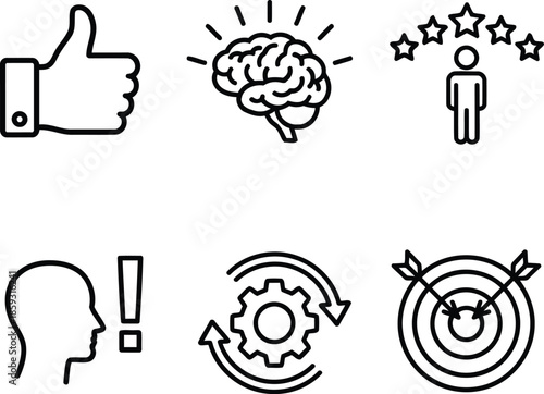 Mobile Personal Growth and Success Icons Vector Set

Goal Achievement and Continuous Improvement Symbol Collection

Creativity, Excellence, and Performance Concept Graphic

Mindset, Workflow, and Targ