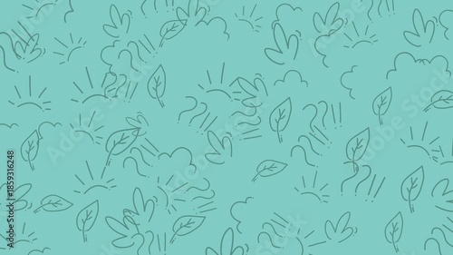 Leaf, cloud, sun, and question mark doodles on teal background. Ideal for naturethemed designs, educational materials, and creative projects