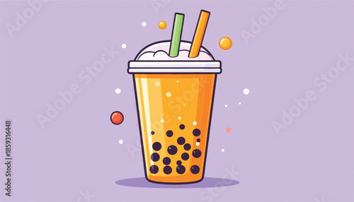Illustration of a refreshing bubble tea drink with tapioca pearls.