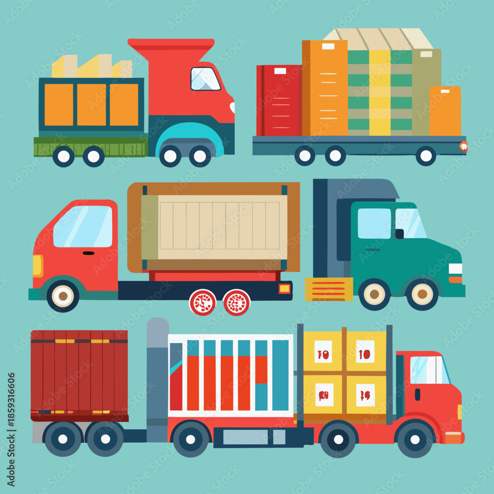 Naklejka premium Delivery Trucks and Cargo Boxes Illustration – Transportation and Logistics Concept Vector