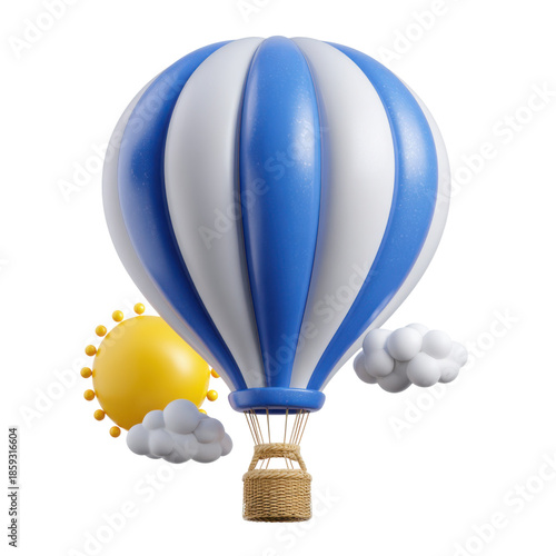 3d illustration of blue and white hot air balloon with sun and clouds isolated on transparent background