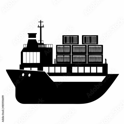 Cargo Ship with Containers Silhouette – Maritime Shipping and Global Logistics Vector Illustration