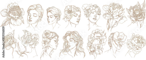 The modern illustration features abstract portraits and flowers in one line, symbolizing the concept of woman's beauty and fashion