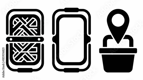 Black icons of lunch box smartphone and location. Spring Vector Packs. EPS Editable