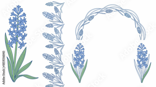 Blue flowers and green leaves illustration. Spring Vector Packs. EPS Editable