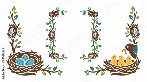 Bird Nests with Eggs and Chicks. Spring Vector Packs. EPS Editable