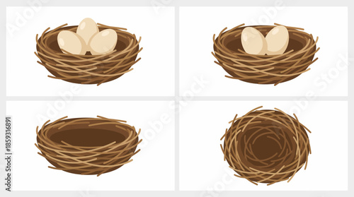 Bird nests with eggs illustrations set 1. Spring Vector Packs. EPS Editable