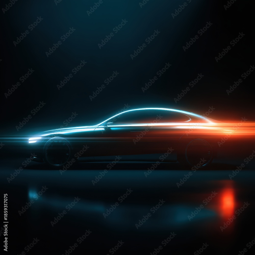 Naklejka premium Luxury car silhouette in dynamic lighting, showcasing a futuristic vision with abstract elements, emphasizing sleek design and innovative aesthetics, perfect for automotive enthusiasts