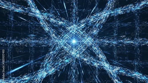 High speed digital data streams moving rapidly through complex interconnected networks across a dark blue abstract background motion graphics, internet, fiber optic