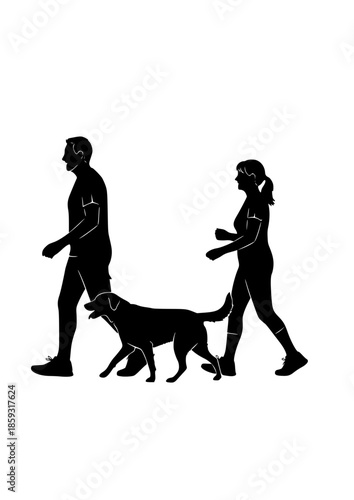 Active Senior Couple Silhouette Walking with Dog for Healthy Aging Retirement Lifestyle and Outdoor Fitness Motivation Graphic Vector