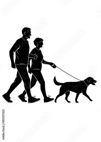 Active Senior Couple Silhouette Walking with Dog for Healthy Aging Retirement Lifestyle and Outdoor Fitness Motivation Graphic Vector