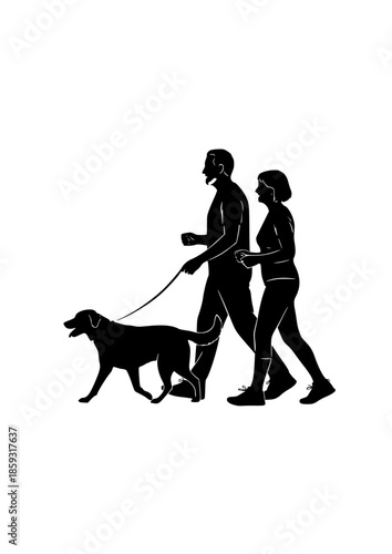 Active Senior Couple Silhouette Walking with Dog for Healthy Aging Retirement Lifestyle and Outdoor Fitness Motivation Graphic Vector