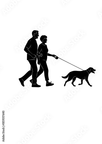 Active Senior Couple Silhouette Walking with Dog for Healthy Aging Retirement Lifestyle and Outdoor Fitness Motivation Graphic Vector