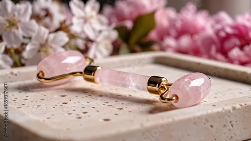 Rose Quartz Facial Roller Resting Near Pink Flowers, Spa Setting