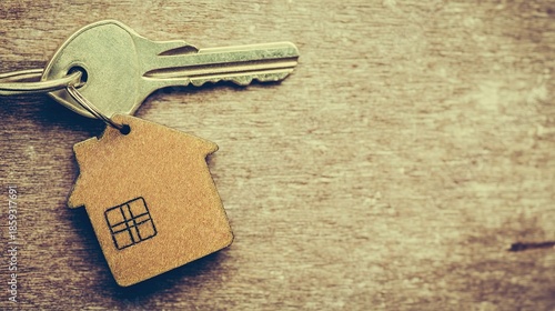 ownership. A house key symbol resting on vintage wood representing property and ownership concepts. real-estate listings.