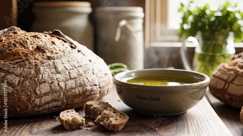 Fresh Sourdough Bread and Olive Oil on a Wooden Cutting Board, Close Up