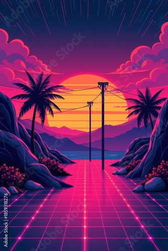 A vibrant sunset scene with palm trees, mountains, and glowing paths, creating a retro-futuristic atmosphere.