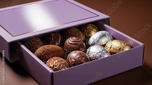 Assorted Chocolate Candies Displayed in a Lavender Box, Close Up