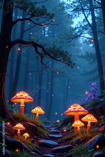 A mystical forest scene with glowing mushrooms surrounded by trees and soft light, creating an enchanting and serene atmosphere.