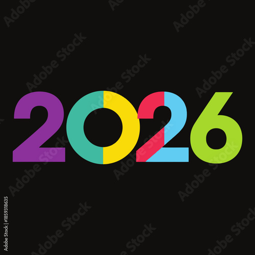 Vibrant multicolored 2026 typography on black background