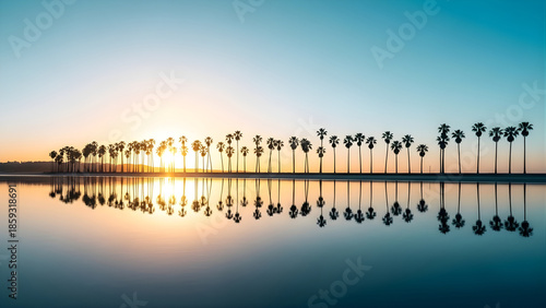 Palm trees silhouetted against a vibrant sunset with water reflection