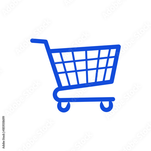 A simple blue shopping cart icon on a white background, representing commerce, online shopping, and retail activities