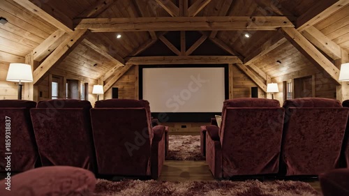 Slow cinematic dolly shot gliding through a softly lit, rustic attic home theater space featuring plush, textured seating and warm ambient glow slow, lit, property