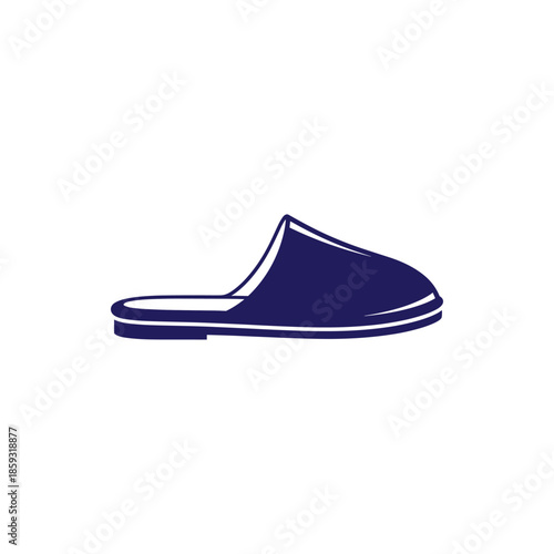 A simple, clean, and stylish illustration of a dark blue slipper on a white background, perfect for representing comfort and relaxation