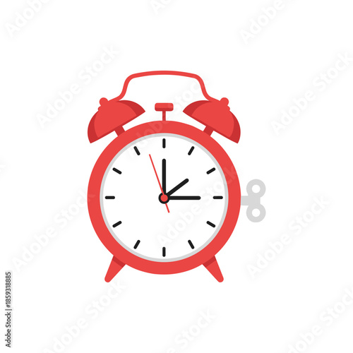 Classic red alarm clock illustration with a winding key, representing punctuality, morning routines, time management, deadlines, and waking up for a new start