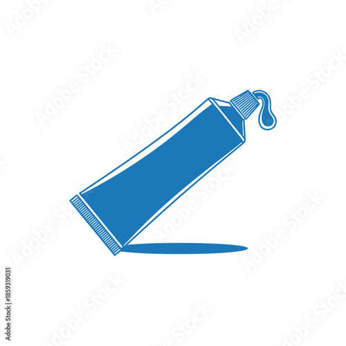 Blue toothpaste tube with a drop of toothpaste falling out, isolated on a white background, symbolizing hygiene and dental care