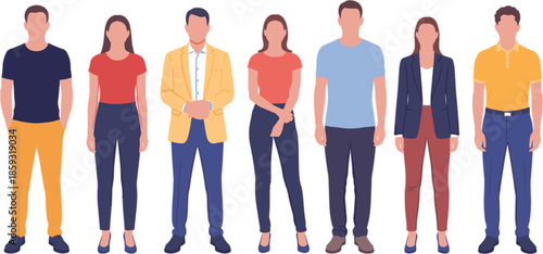 Illustration of diverse people standing side by side in different clothing styles, multicultural fashion diversity and workplace attire concept