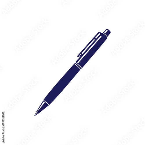 A dark blue ink pen on a white background, a simple drawing of a writing instrument