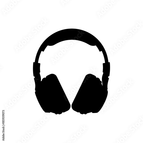 Silhouette of black over-ear headphones on a white background, representing audio listening and music production