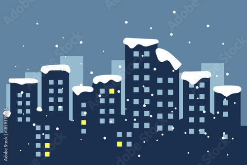 Panorama of a dark blue city vector illustration flat silhouette on a background of snowfall light in the windows