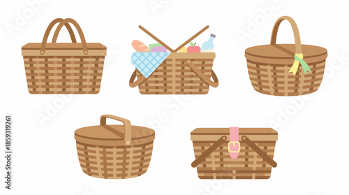Collection of brown wicker picnic baskets. Spring Vector Packs. EPS Editable