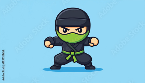 Cartoon Ninja Ready for Action with Green Mask and Belt.