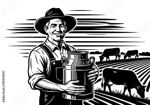 Farmer holding a large milk can with a herd of cows grazing in the background on a farm