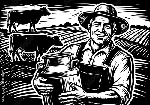 Happy Farmer Holding Milk Can in Field with Cows and Crops, Symbolizing Rural Life and Dairy Production