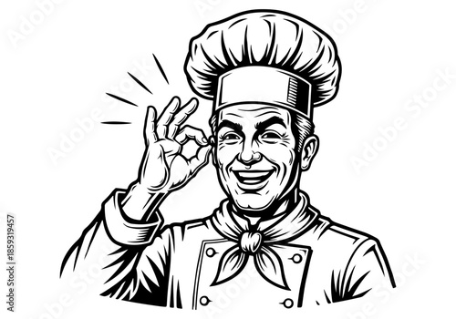 Happy chef in uniform, wearing a tall hat, giving a confident gesture of approval, celebrating culinary excellence and delicious food