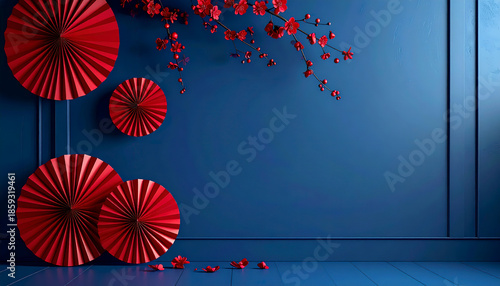 Premium Chinese New Year Blue and Red Background, Modern Oriental Design with Elegant Copy Space for Branding