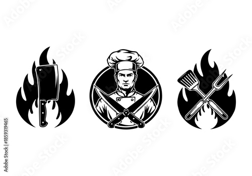 Black and White Chef Icon Set Featuring Knives, Fork, and Meat Cleaver Surrounded by Flames