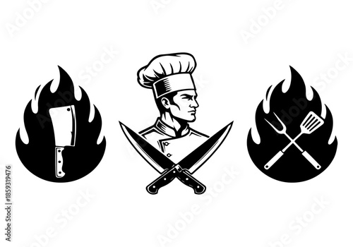 Illustration of a chef with crossed knives and barbecue tools, surrounded by flames, symbolizing culinary expertise and barbecue