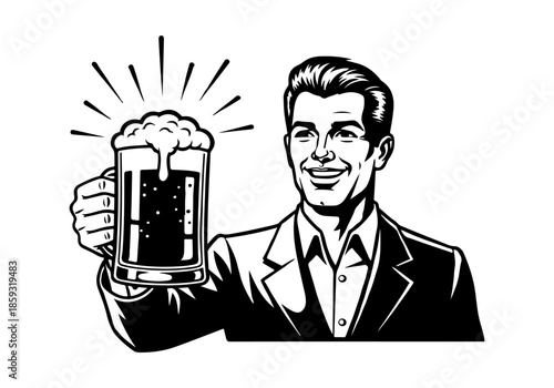 A Smiling Man in a Suit Holds Up a Mug of Foamy Beer, a Toast to Good Times and Celebration