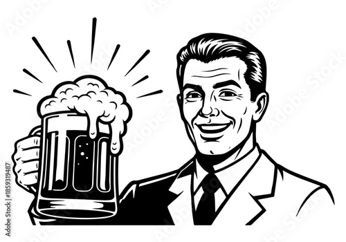 A smiling man in a suit holding a frothy mug of beer with rays emanating from the mug