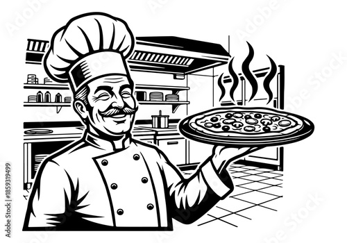 Black and white illustration of a smiling chef holding a freshly baked pizza in a commercial kitchen
