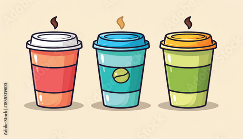 Three Colorful Coffee Cups with Lids and Steam Illustration.