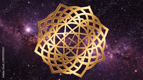 Seamlessly looping abstract geometric golden mandala rotating slowly against a deep purple and black cosmic background creating a visual representation of focus vibrant, geometric, rotating