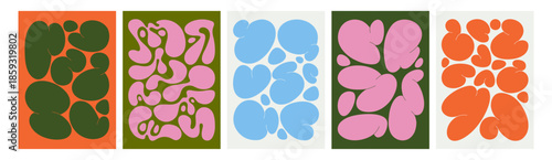 Abstract liquid shapes, modern posters set. Trendy cards, vertical backgrounds with fluid blob forms, smooth amorphous spots, creative natural organic amoeba patterns. Flat vector illustrations