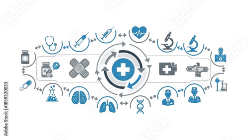 Medical icons and symbols in a circular flowchart pattern
